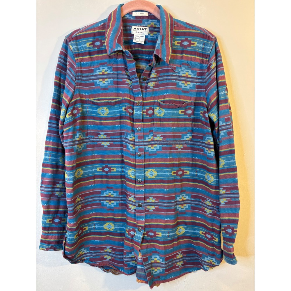 ARIAT Brown & Blue Southwest Print Button Up L Tunic Length Metal Buttons